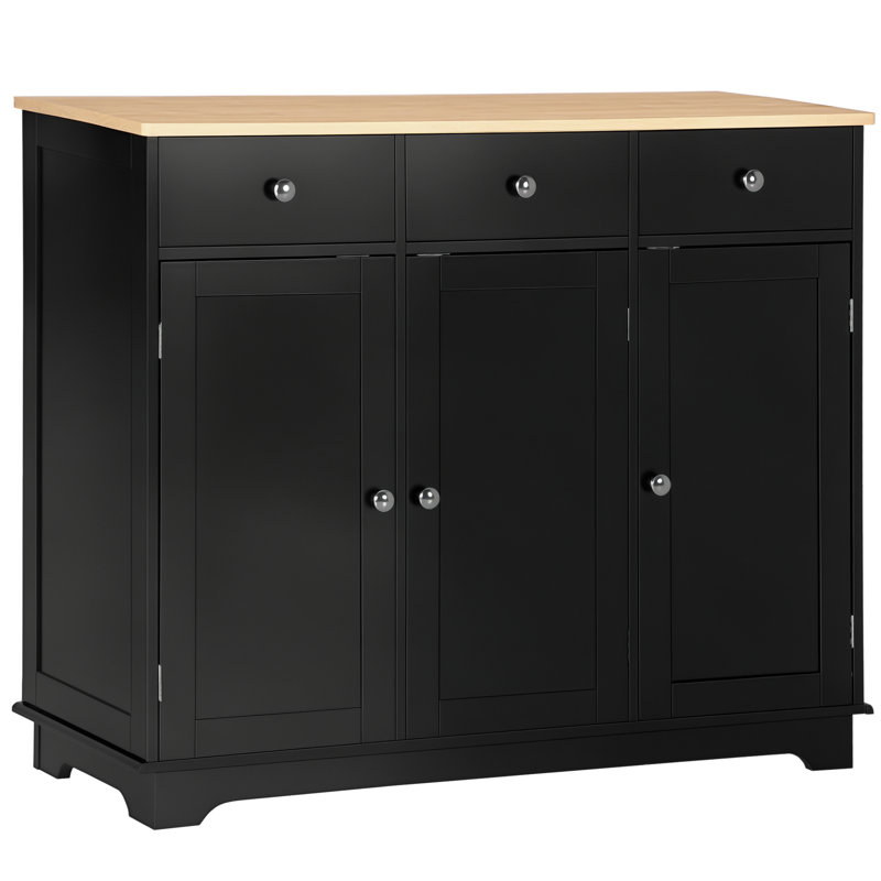 Kitchen Storage Cabinet, Sideboard Floor Cupboard With Solid Wood Top, Adjustable Shelf, And 3 Drawers, Black, Black