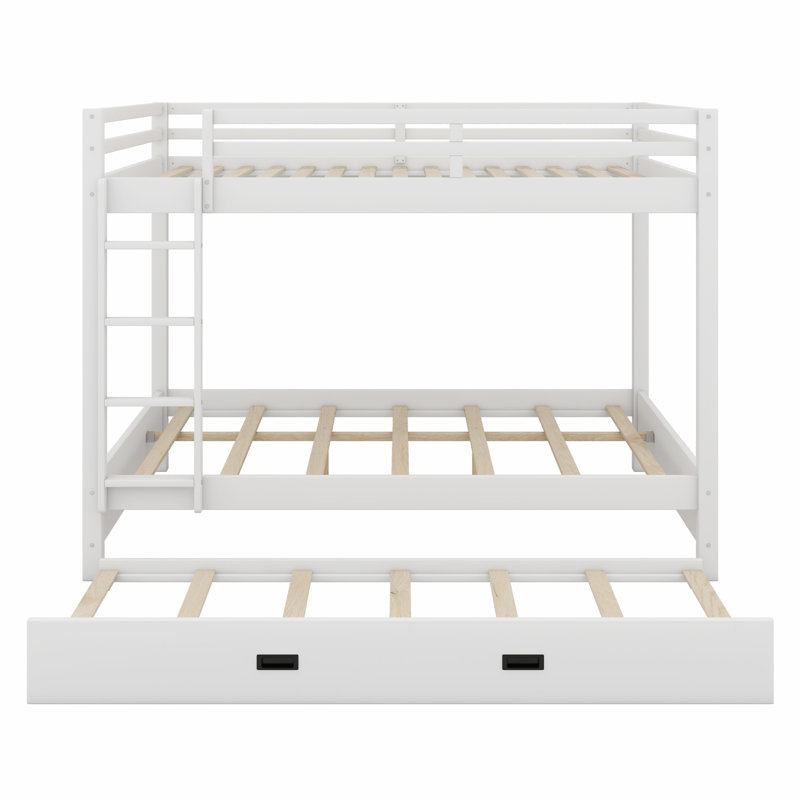 Wood Bunk Bed With Ladder And Trundle, White