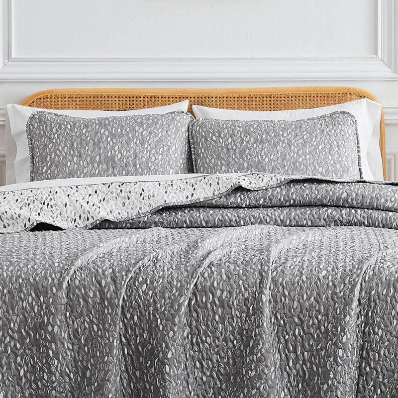 Botanical Forest Grey Reversible Microfiber Full Quilt Set