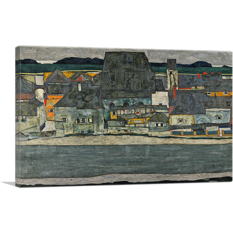 «Maisons sur la rivière la vieille ville» par Egon Schiele - reproduction d'art sur toile tendue, H 12 po x l 18 po x 1,5 po