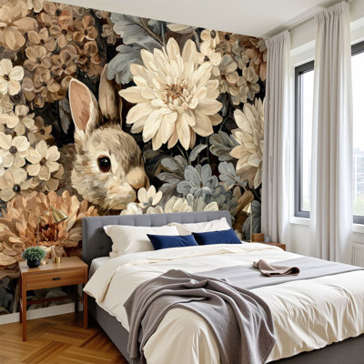 Peel and Stick Wallpaper Easter Rabbit Vintage Cottagecore Bunny Animal Flower Bedroom Living Wall Murals 100"H x 144"W Removable PVC Wall Paper Self-Adhesive Wall Decor for Bedroom Living Room Home Office