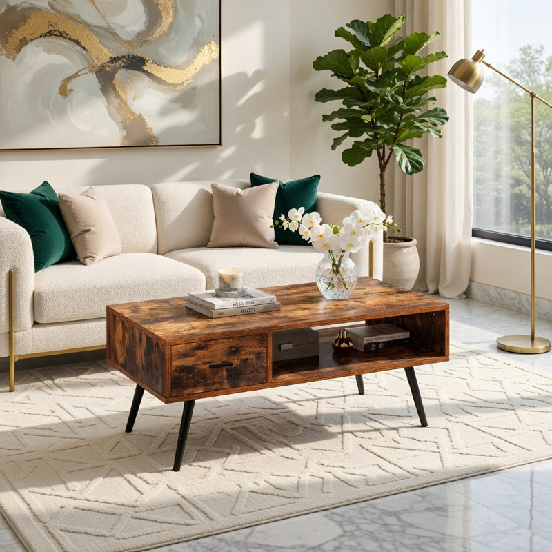 Table basse rectangulaire rétro Hommoo avec tiroir et tablette ouverte, brun rustique