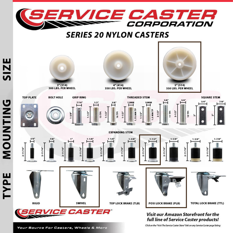 Ensemble de roulettes extensibles pivotantes en nylon 1-1 / 2 pouces avec frein SCC