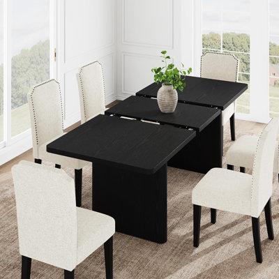 Extendable Dining Table Set for 8‑10 People, 63"‑82.68" Rectangular Table with Rounded Corners, Cotton Linen Upholstered Chairs for Kitchen & Dining Room