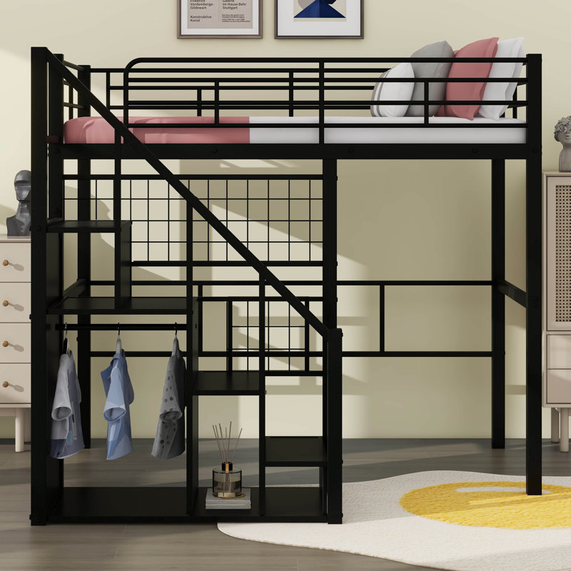 Twin Size Metal Loft Bed With Storage Staircase, Wardrobe And Full-Length Guardrails, Black