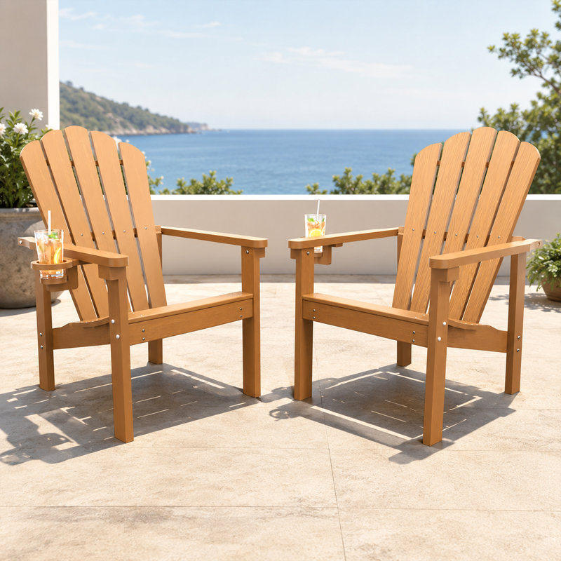 Dareona Set of 2 HDPE Stackable Adirondack Chairs with Cup Holders, All-Weather Outdoor Patio Chairs, Teak, 2