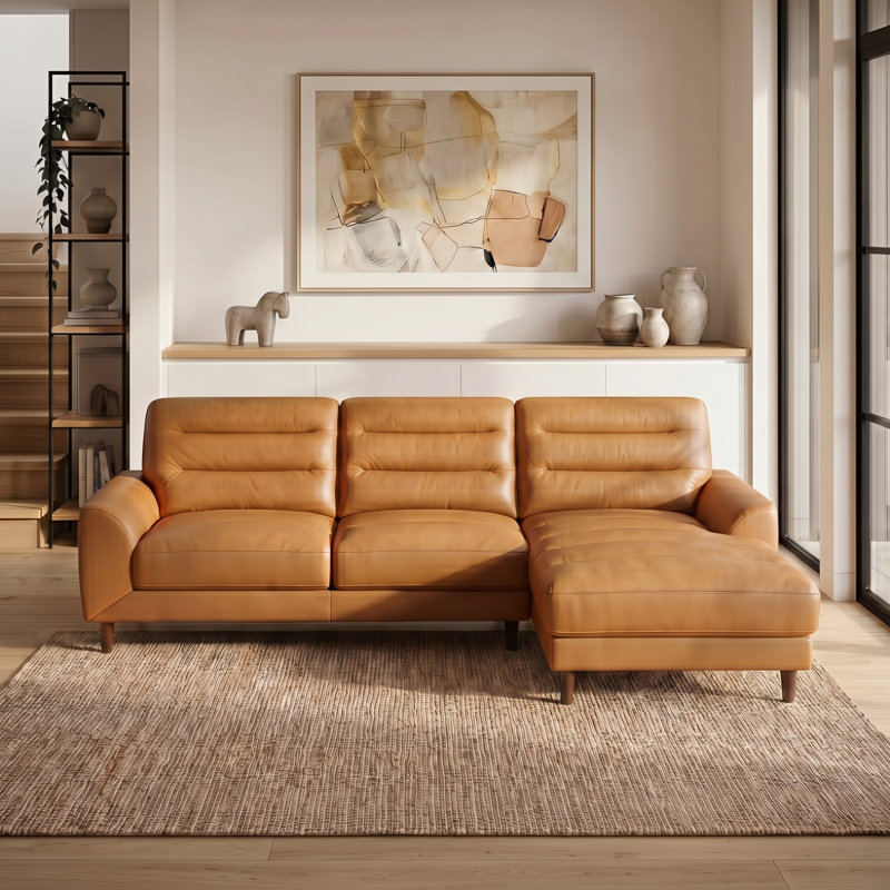 Canapé modulaire et méridienne en cuir véritable Godfrid avec structure robuste, Cuir fleur crème