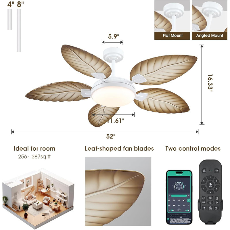 52" Palm Leaf Ceiling Fans With Lights And Remote,Wet Rated Tropical Ceiling Fans For Patios Porch Gazebo Pergola