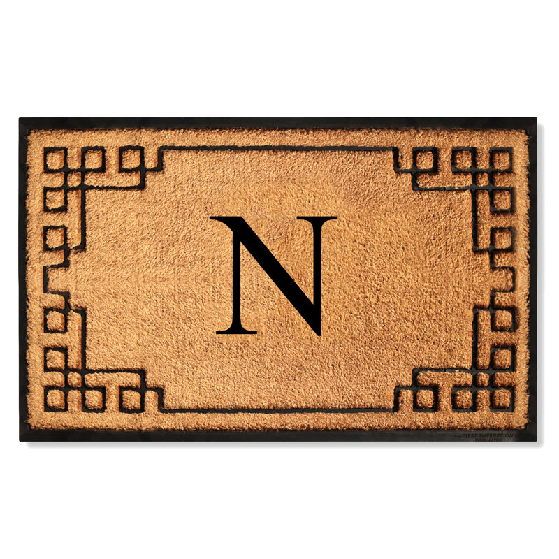 Monogram Natural Coir & Rubber Door Mat with Geometric Border — Heavy-Duty, Dirt-Trapping, Non-Slip Outdoor Entry Mat, N