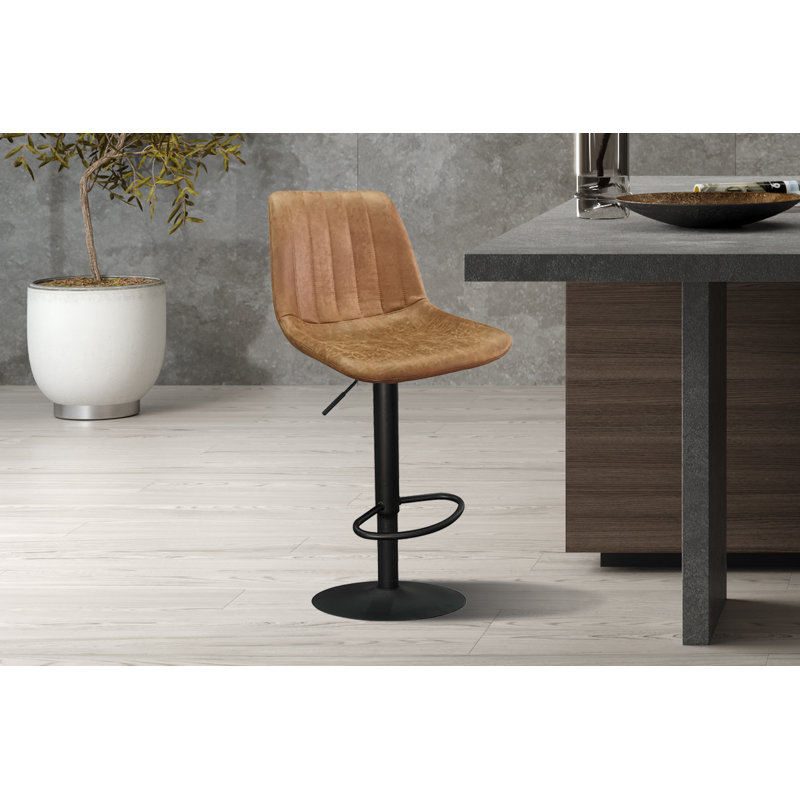 Swivel Upholstered and Faux Leather Adjustable Height Bar Stool with Steel Frame, Cognac
