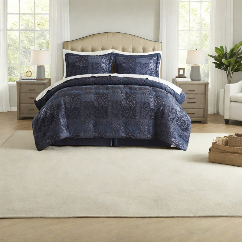 Premium Navy Bedding Sets, Polyester Comforter, Exquisite Patchwork Design For Home