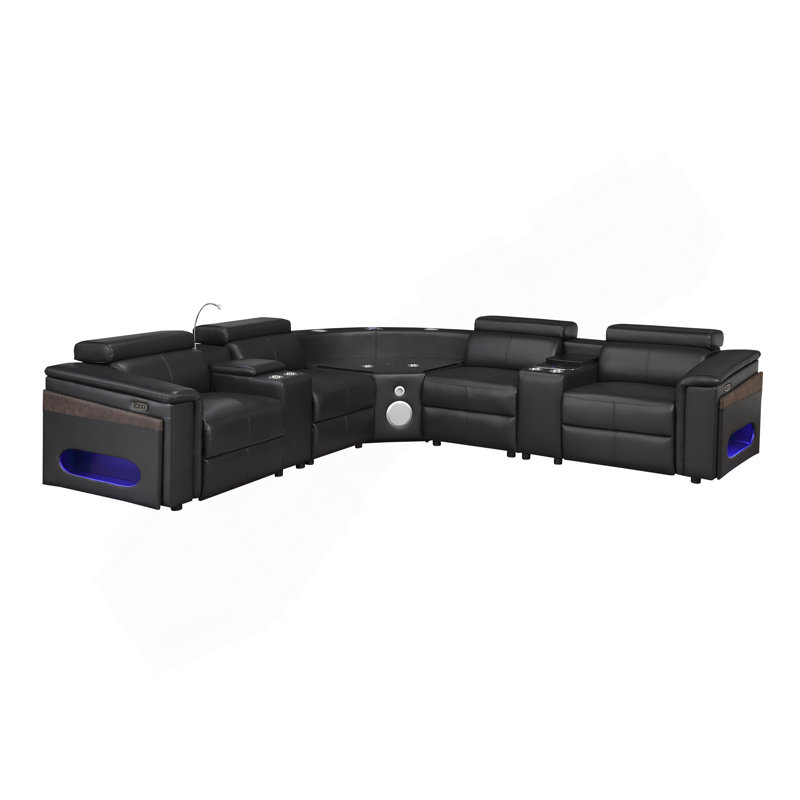 Canapé modulaire Nova avec 2 consoles (lampe de lecture + réfrigérateur), coin avec haut-parleur Bluetooth, DEL et armoire à vin relevable - noir