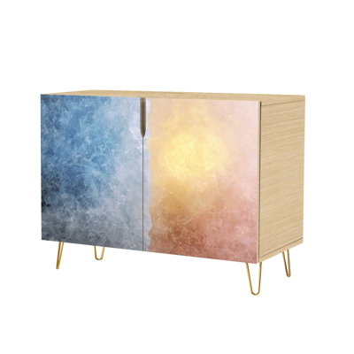 Sideboard Buffet Cabinet with Storage Abstract Beach Sea Summer Grunge Wave Sand Pastel Crayon Drawing with 2 Doors for Living Room and Kitchen
