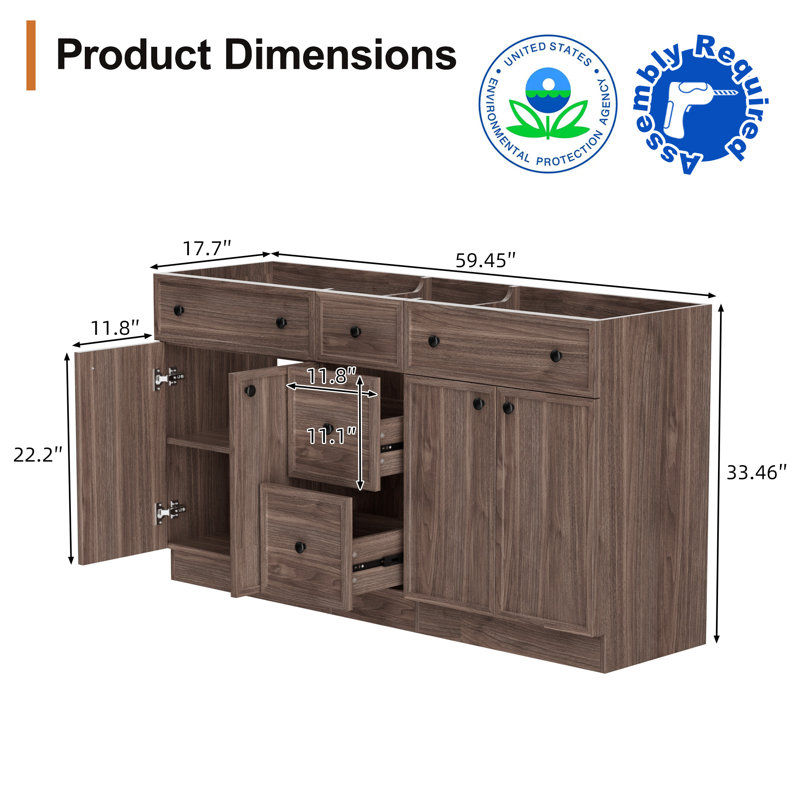  Base de meuble-lavabo autoportant 60 po à double cuve 60 po seulement, sans comptoir, assemblage requis, Espresso