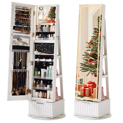 Fluted 360° Swivel Jewelry Armoire Cabinet Standing with Full Length Mirror, Lockable Jewelry Organizers and Drawer Storage with 3 Color LED Lights & Interior Mirror Rear Storage Shelves