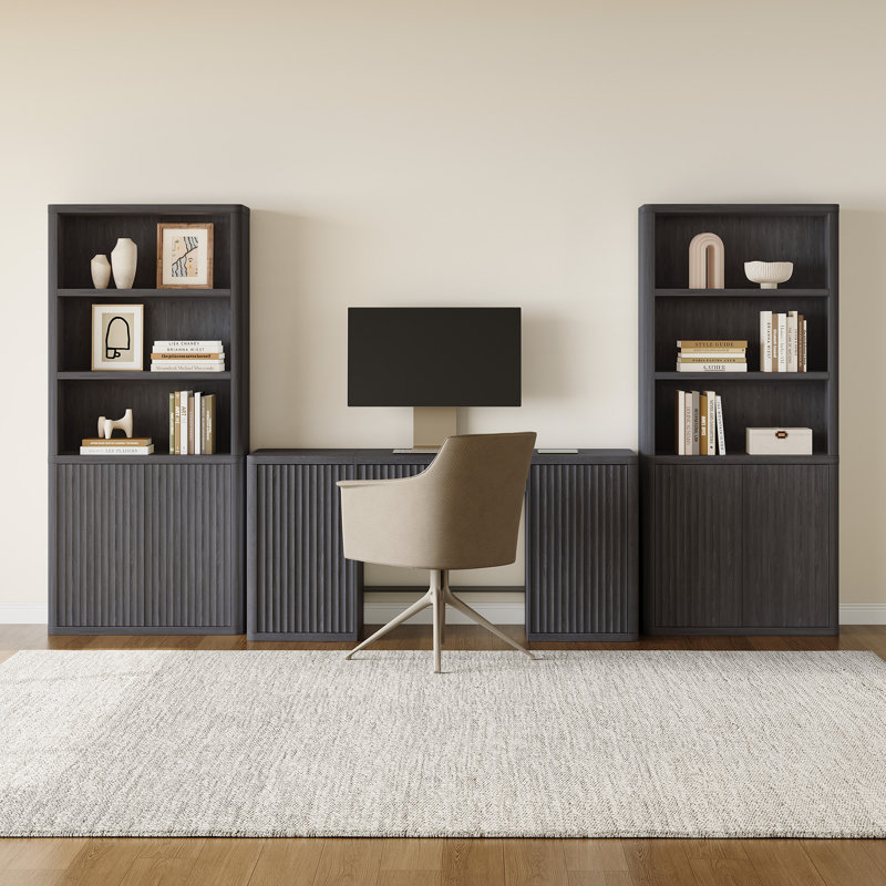 Cesiro 6-Tier Bookcase With 2 Fluted Doors And Adjustable Shelves, Dark Gray Alder