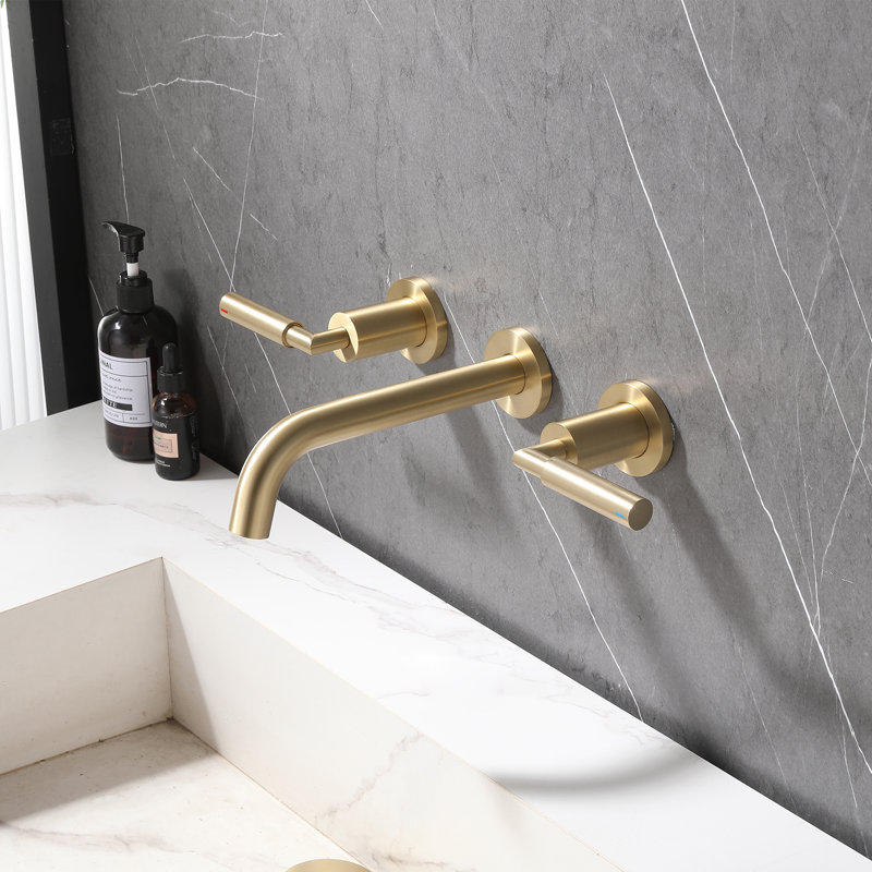 Wall Mounted Solid Brass Two Handle 3-Hole Bathroom Sink Faucet With Drain Assembly, Brushed Gold