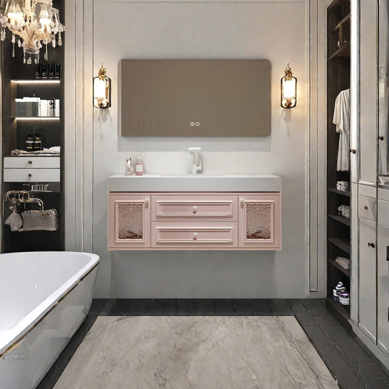 French cream style smart bathroom cabinet, 19.68" H x 51.18" W x 21.65" D, Light Pink