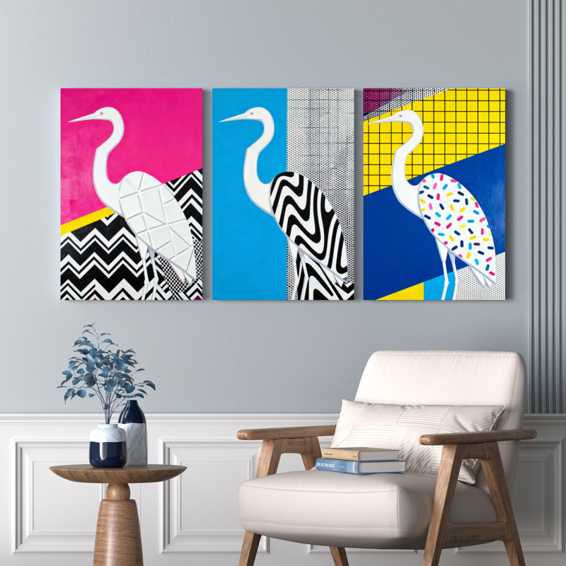 «Geometric Heron», ensemble de 3 reproductions d'art moderne sur toile tendue sur toile, 24" H x 48" W