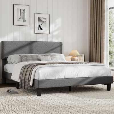 Platform Bed Frame with Upholstered Headboard, Wooden Slat Support, Easy Assembly, No Box Spring Needed & Noise-Free
