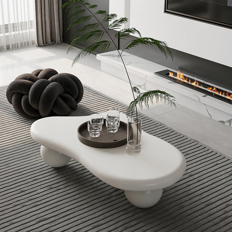 Table basse en forme de nuage avec 3 pieds sphériques, blanc crème, parfaite pour les salons modernes et élégants, Blanc