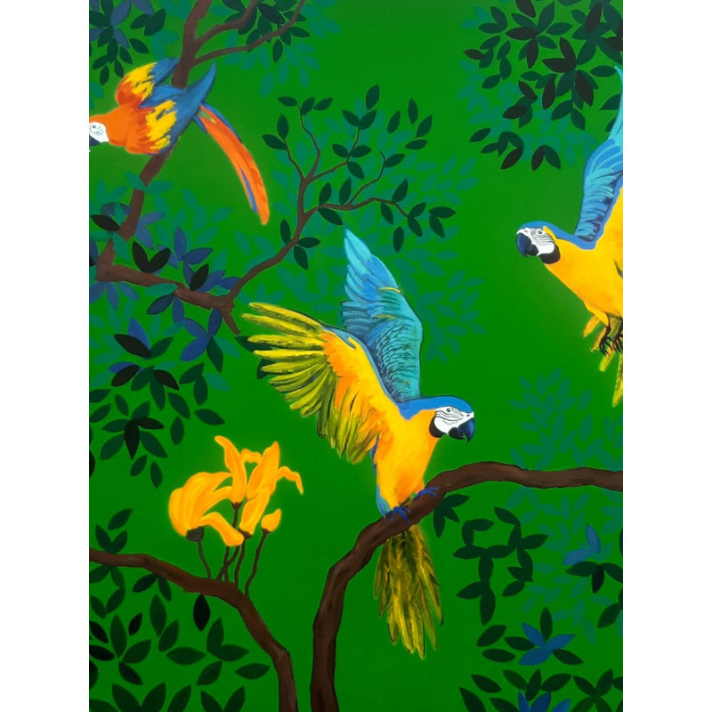 Perroquets sur les branches tropicales | Acrylique sur toile | Par Debrata Basu
