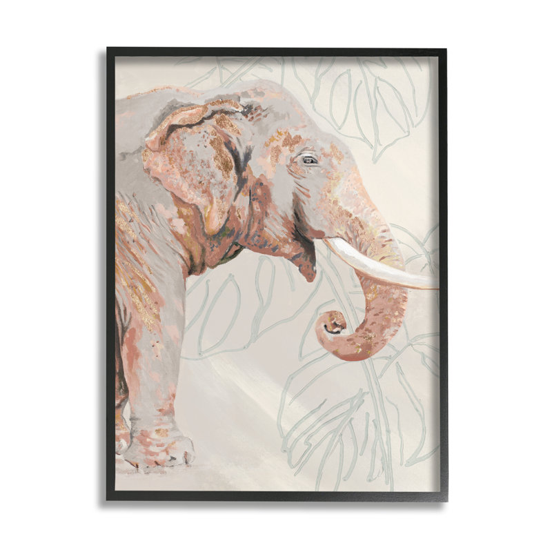 Éléphant et feuilles tropicales par Patricia Pinto, H 20 po x l 16 po x P 1,5 po, Giclée encadrée noir minuit