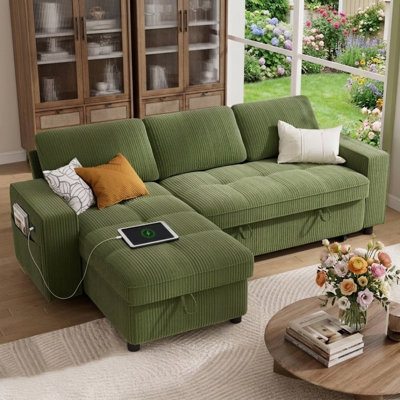 81" L-Shaped Sectional Sleeper Sofa Bed with Storage Chaise – 3-in-1 Convertible Pull Out Couch, 5-Level Reclining Backrest, USB & Type-C Charging Ports