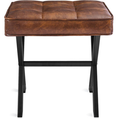 Reddish Brown Faux Leather Square Vanity Stool - Metal X-Legs Ottoman Chair for Makeup Room, Living Room & Vanity Foot Rest