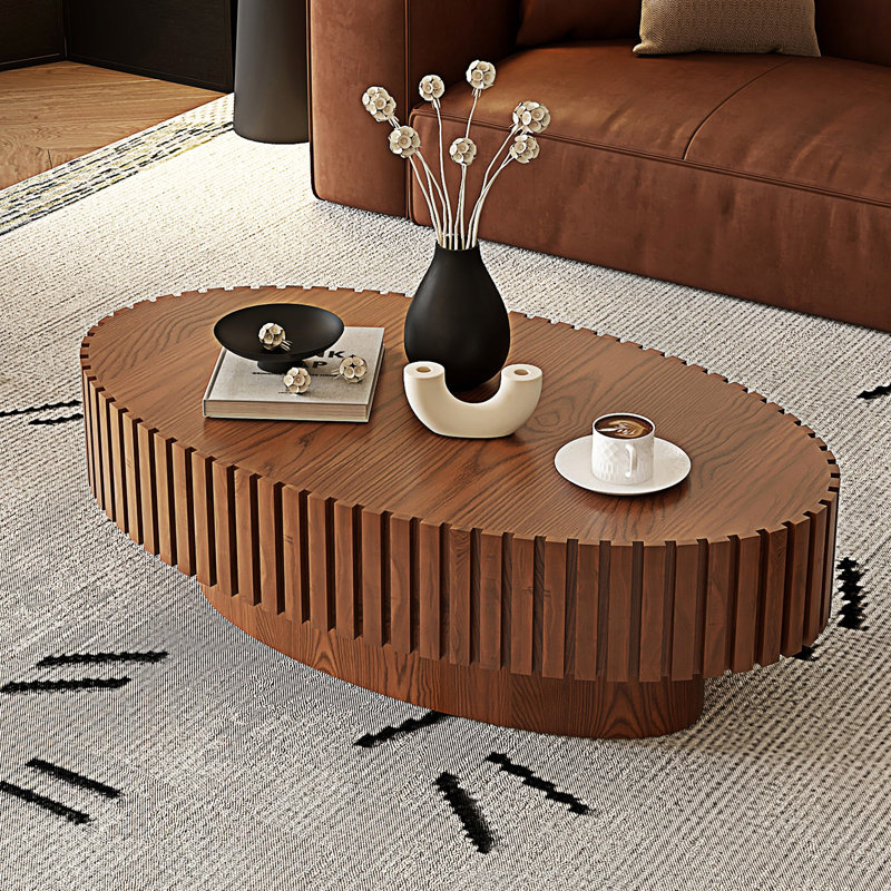 Table basse ovale en forme de piédestal, Bois naturel