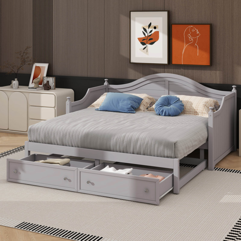 Canapé-lit simple en bois avec lit gigogne extensible et tiroirs de rangement pratiques, Gris