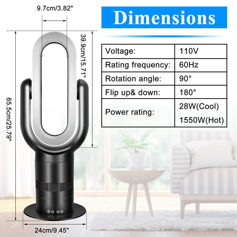 Oscillating Bladeless Tower Fan and Heater Combo Remote Control 10 Speeds 9H Timer Adjustable Tilt