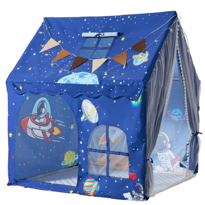 Tente de jeu pour enfants, structure en PVC, avec tapis rembourré, bleu, utilisable à l'intérieur et à l'extérieur, coin lecture/sieste, sac de transport, drapeau, fenêtre aérée et guirlande lumineuse étoilée.