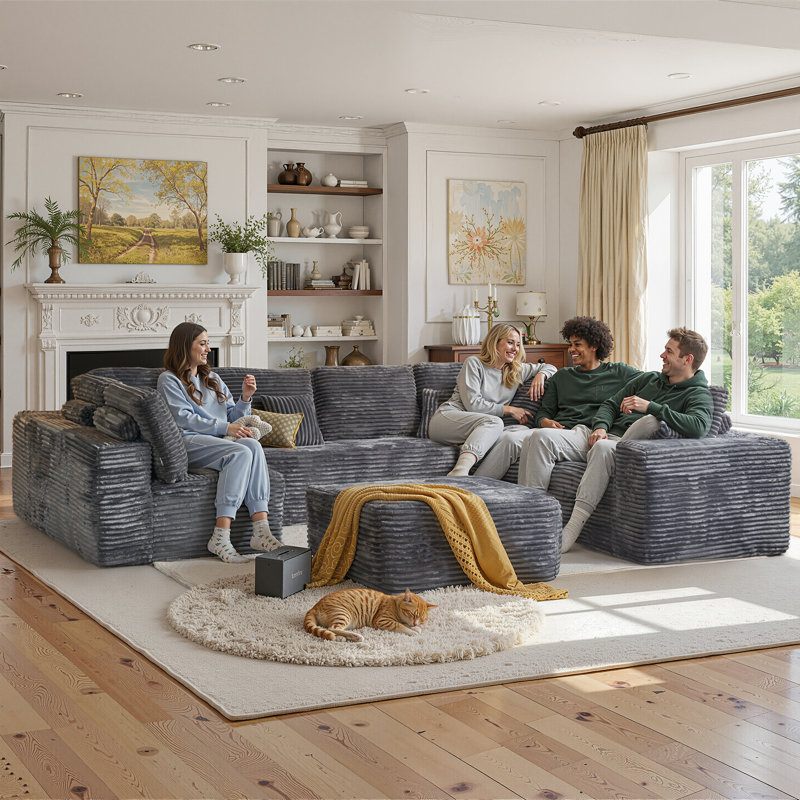Vivelle 5-Piece Modular Sectional Floor Sofa In Plush Corduroy, No Assembly Needed, Cloud Couch For Living Room, Gray