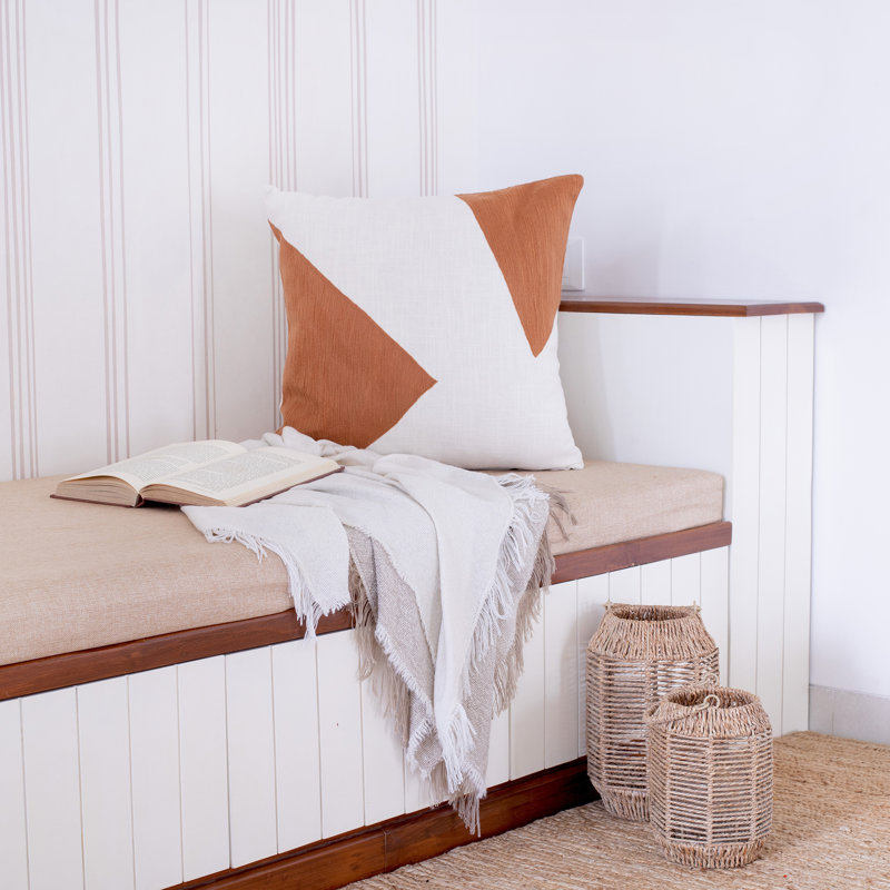 Housse de coussin décorative en coton fait main, bloc de coloriage moderne Auburn, Brun / Blanc, Carré 20 po, polyester