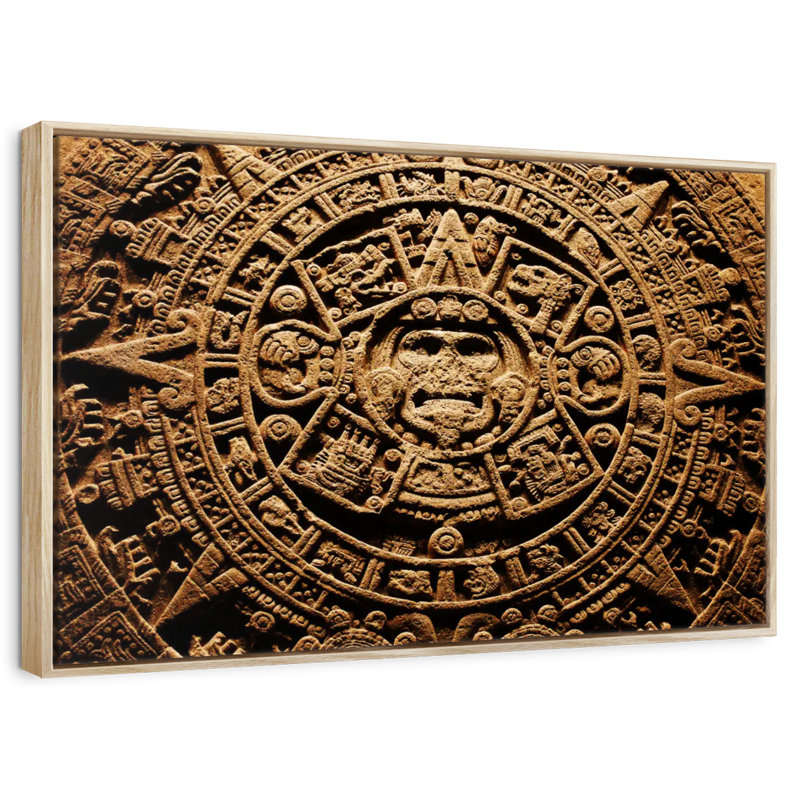 Ancien calendrier aztèque, Cadre flottant en bois naturel, 43 po x 29 po