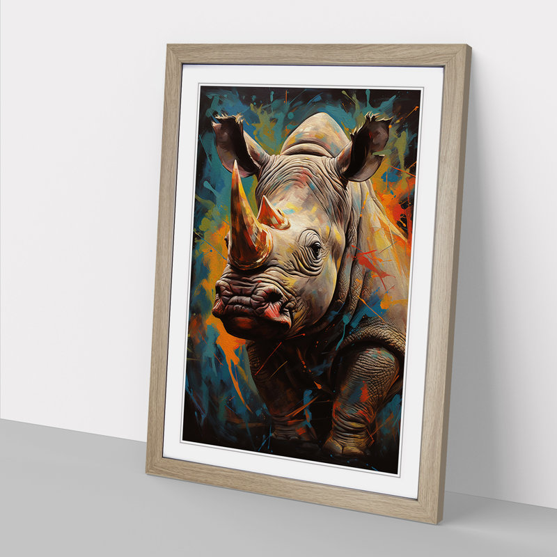 Rhino Hard Edge - Single Picture Frame Print on Wood, 34cm H x 25cm W x 2cm D, Oak