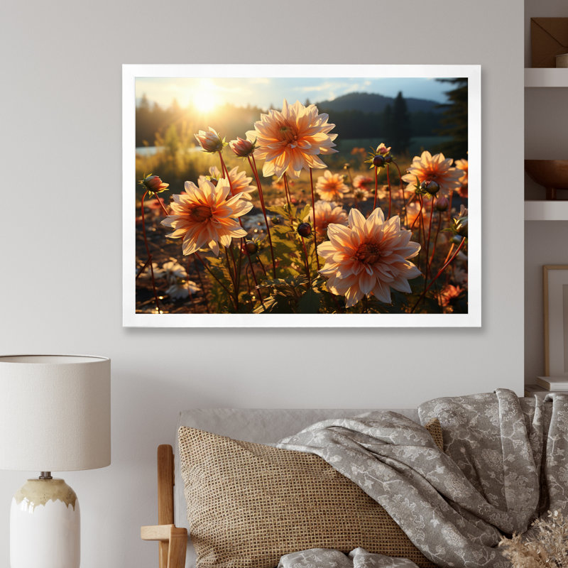 " Daisies Field Sunrise II ", 16" H x 32" W x 1" D, White Single Picture Framed
