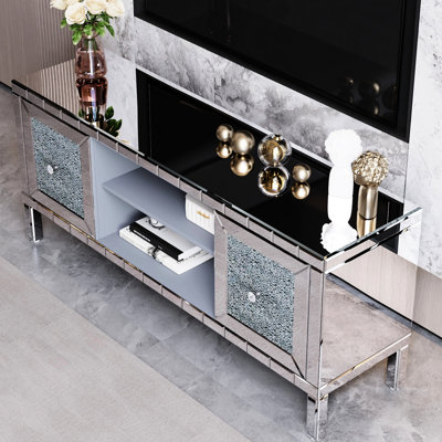 60-inch Mirrored Tv Stand, 65-inch Support, Crushed Diamond Style, Versatile Storage For Remotes Modern Table, Compatibility, Cabinet Doors, Customizable Media