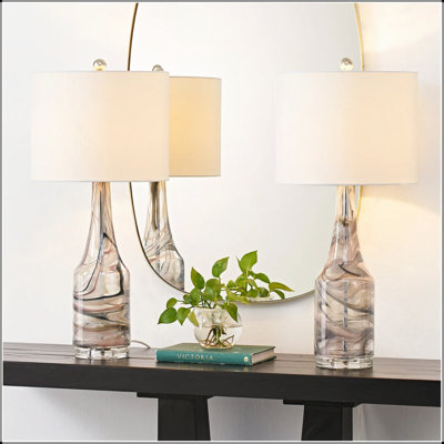 Ensemble de 2 lampes de table en verre de 29 po à intensité variable à 3 voies avec corps fileté coloré et base en cristal pour la chambre à coucher, le salon et le bureau