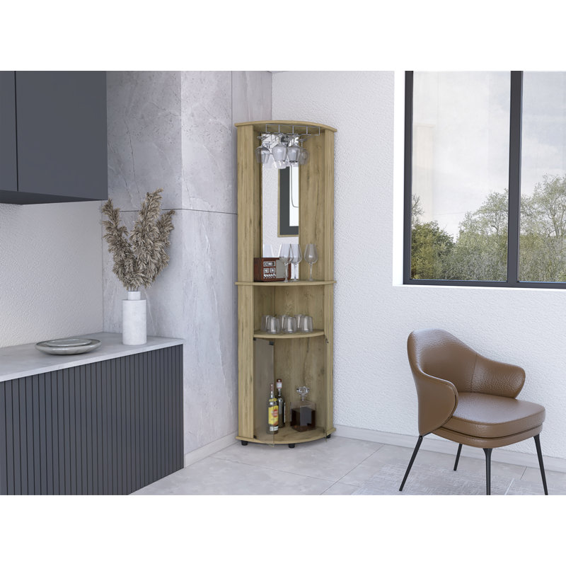 Chicago 75" H Mirrored Corner Bar Cabinet, With Glass Doors, Two Shelves and Stemware, Beige