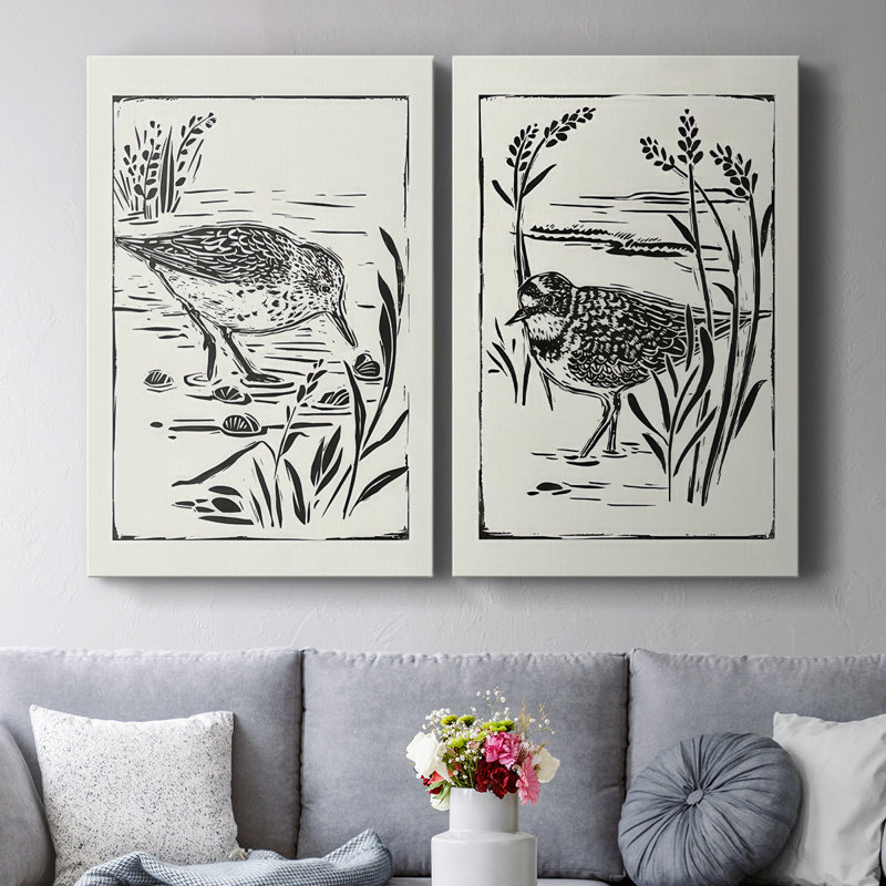 Linocut Style Seabird III - Toile tendue avec châssis de qualité supérieure - Prêt à être accroché, H 12 po x l 16 po