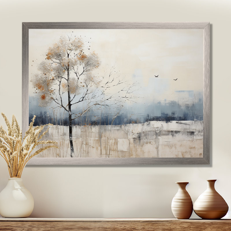 Minimalisme beige et bleu campagne II - impressions sur toile campagne, Cadre argenté, H 30 po x l 40 po x P 1,5 po