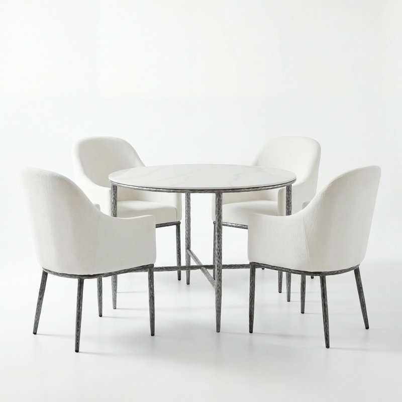  Ensemble de table de salle à manger 5 pièces Rivet avec plateau en pierre frittée et chaises rembourrées, Étain forgé