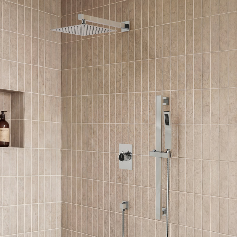 Système de douche complet à pression équilibrée, pomme de douche à pluie 10 po avec douchette, barre coulissante