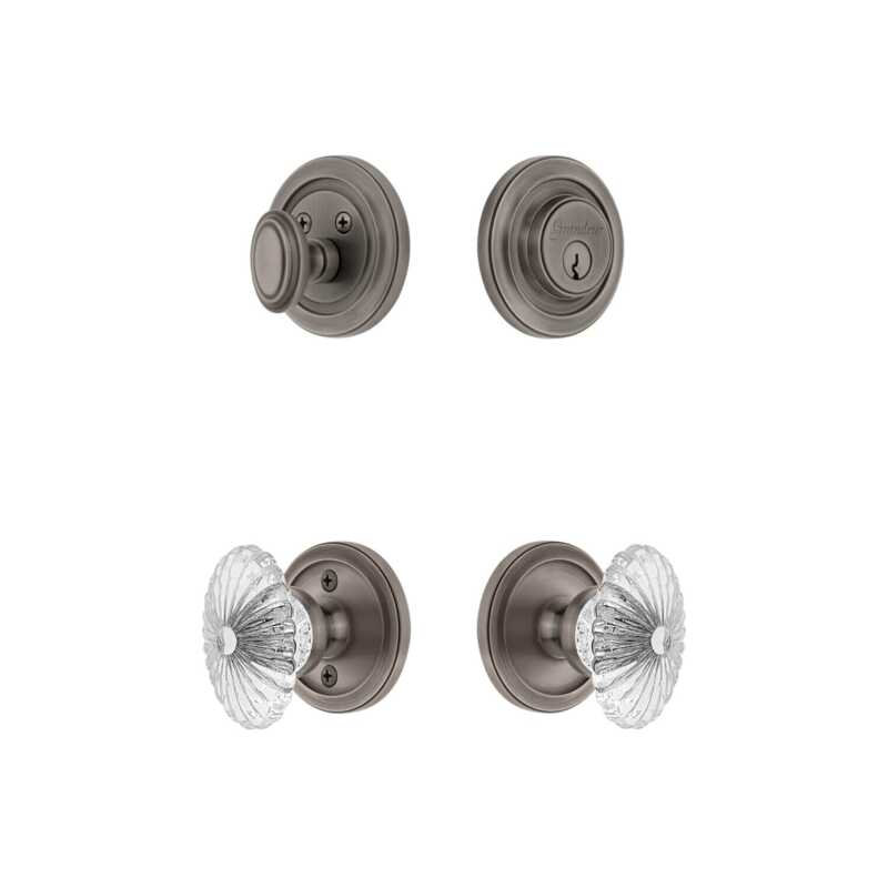 Grandeur Circulaire Rosette Entry Set with Burgundy Crystal Knob in Antique Pewter, 2.375", Antique Pewter