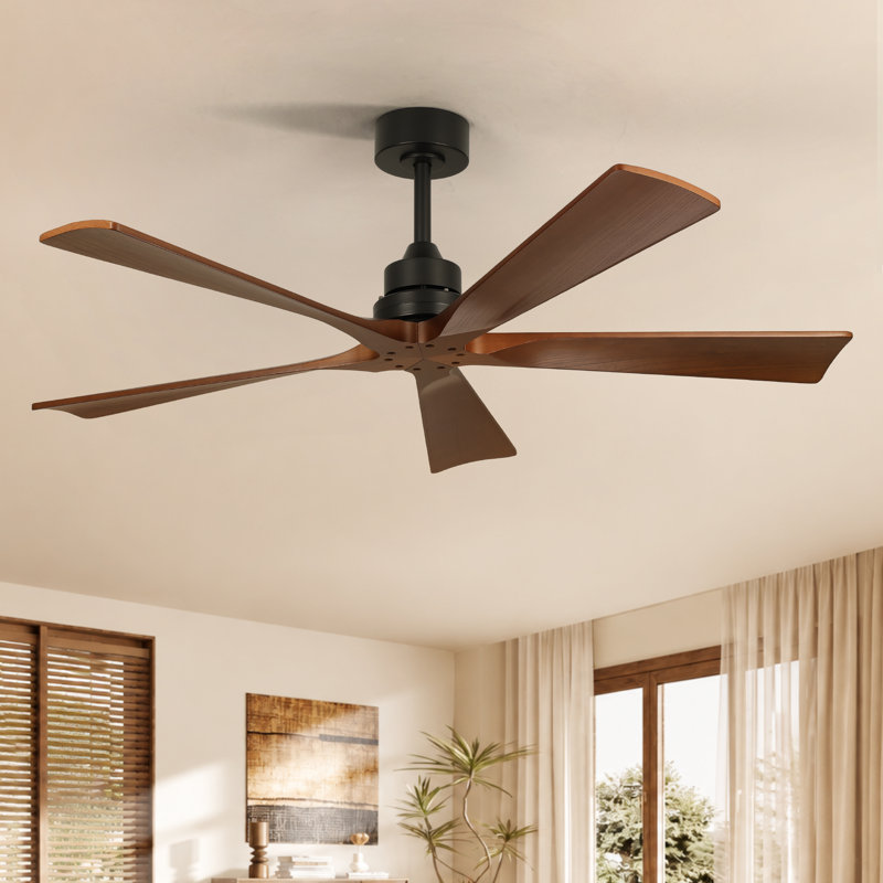 Ventilateur de plafond intérieur Karlena 52 po à 5 pales en bois massif avec télécommande, moteur CC réversible silencieux et 6 vitesses