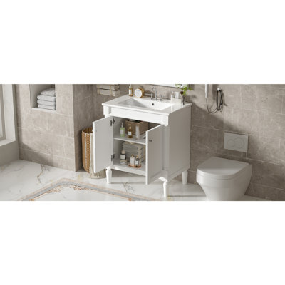 Armoire de meuble-lavabo 30 po avec lavabo en céramique, 30 po, armoire de rangement avec portes à fermeture douce et pieds en bois massif