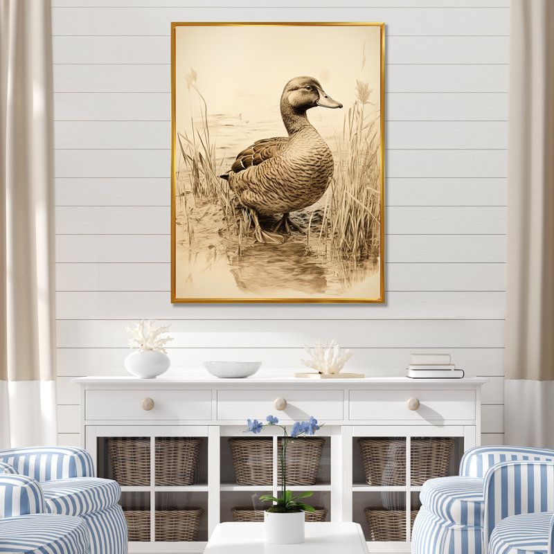 «Brown Duck Elegance II» - Art mural animal canard, Cadre flottant doré, 20" H x 12" W
