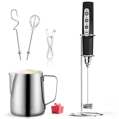 Stainless Steel Handheld Milk Frother with 13.5 Oz Frothing Pitcher Black